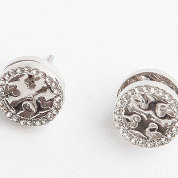 Tory Burch Silver Stud Crystal Circle Logo Earrings - Picture 5 of 6
